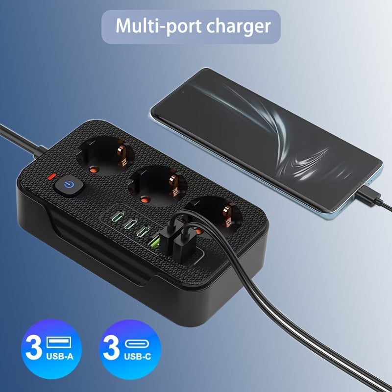 Multifunctional Power Strip with 3 Outlets 3 USB-A 3 Type-C Short Circuit Protection