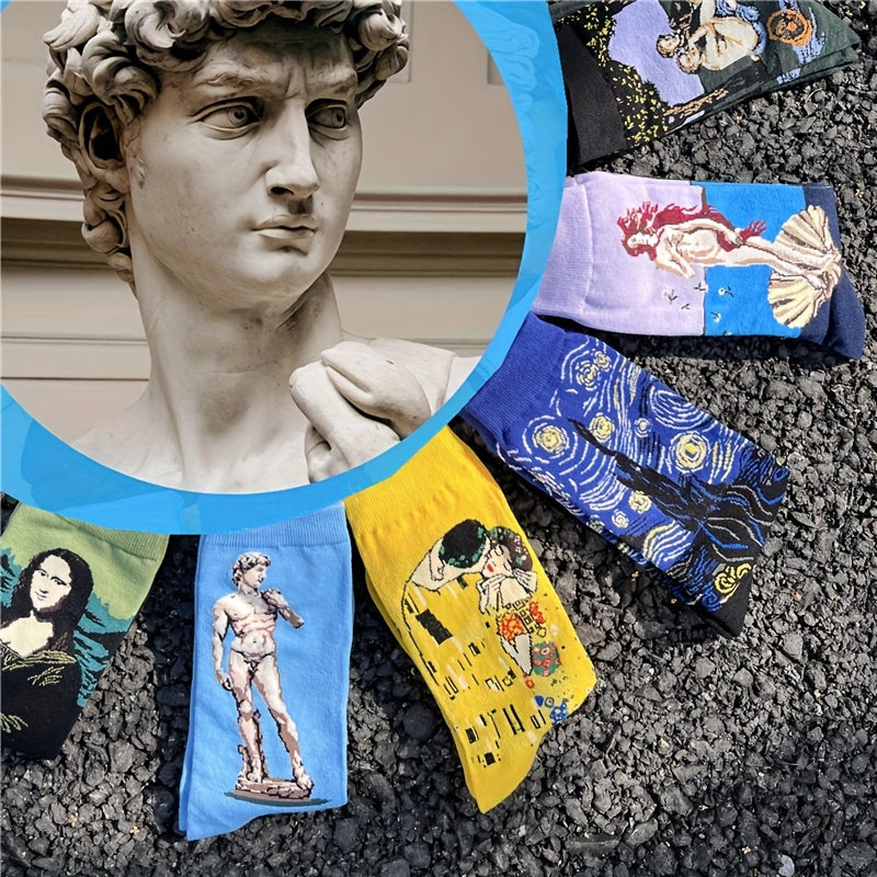 Men's Cotton Blend Crew Socks with Starry Sky and Oil Painting Designs