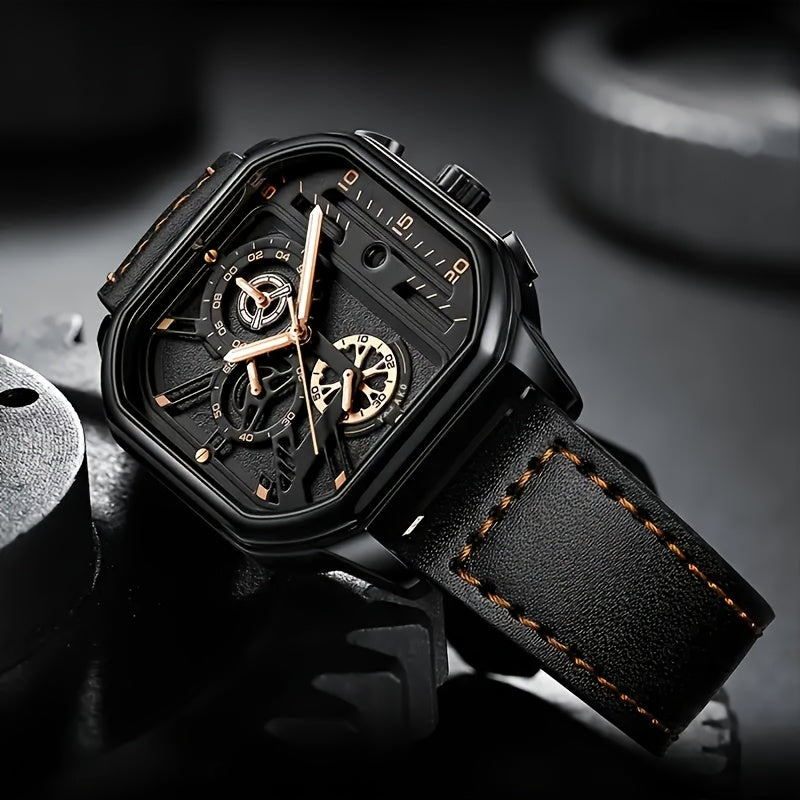 Men's Sports Watch Quartz Square Alloy Case Faux Leather Strap Non-Waterproof Calendar