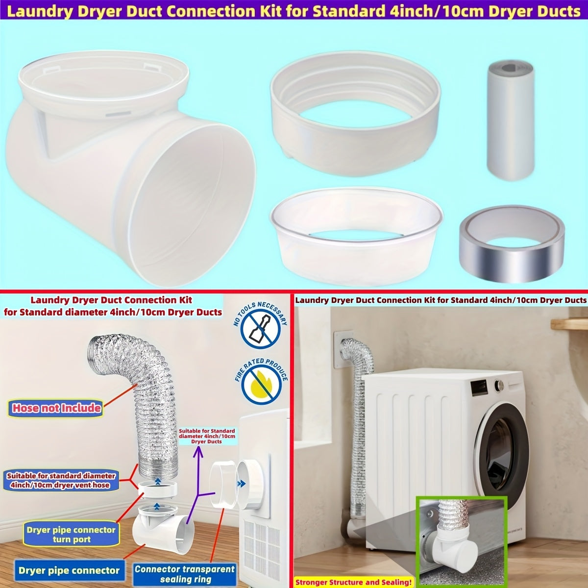 Laundry Dryer Duct Connection Kit, 10.16cm Indoor Vent With Bracket