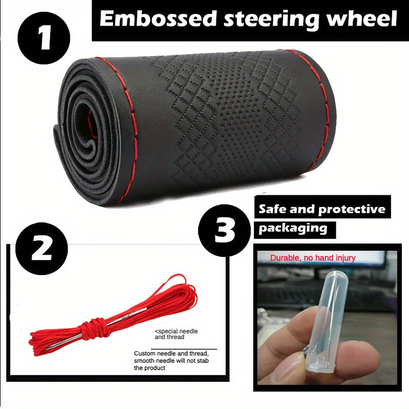 Cubierta de volante de cuero PU universal antideslizante negro rojo 38,1 cm