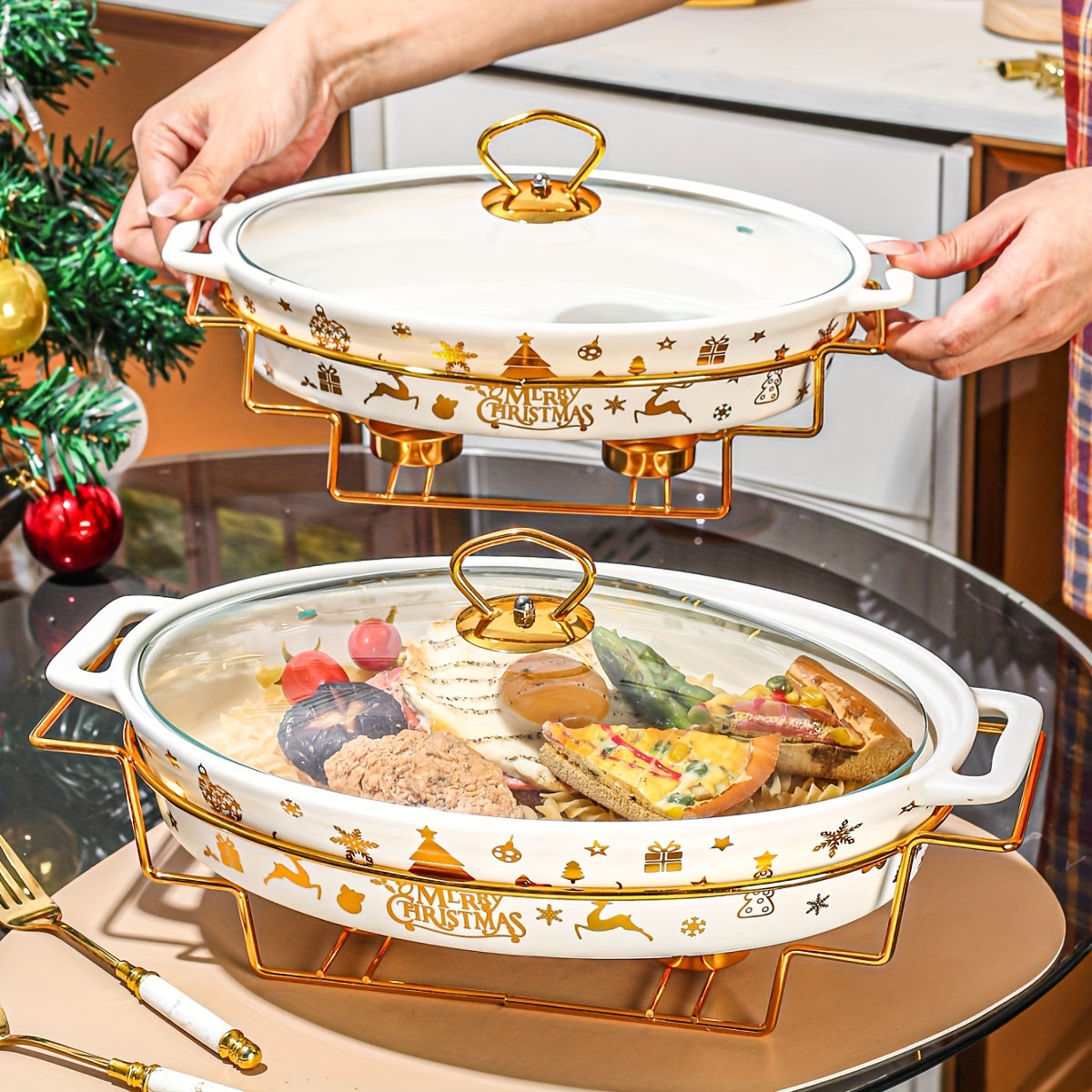 Керамическая рождественская кастрюля с крышкой и железной подставкой - Идеально подходит для приготовления супов, рагу и запеканок на кухне