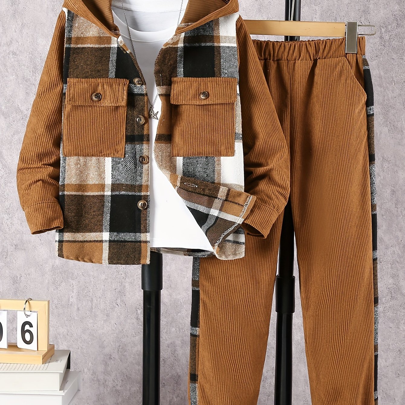 Boys Tartan Hooded Jacket and Pants Set Polyester Fall Winter Outdoor Wear