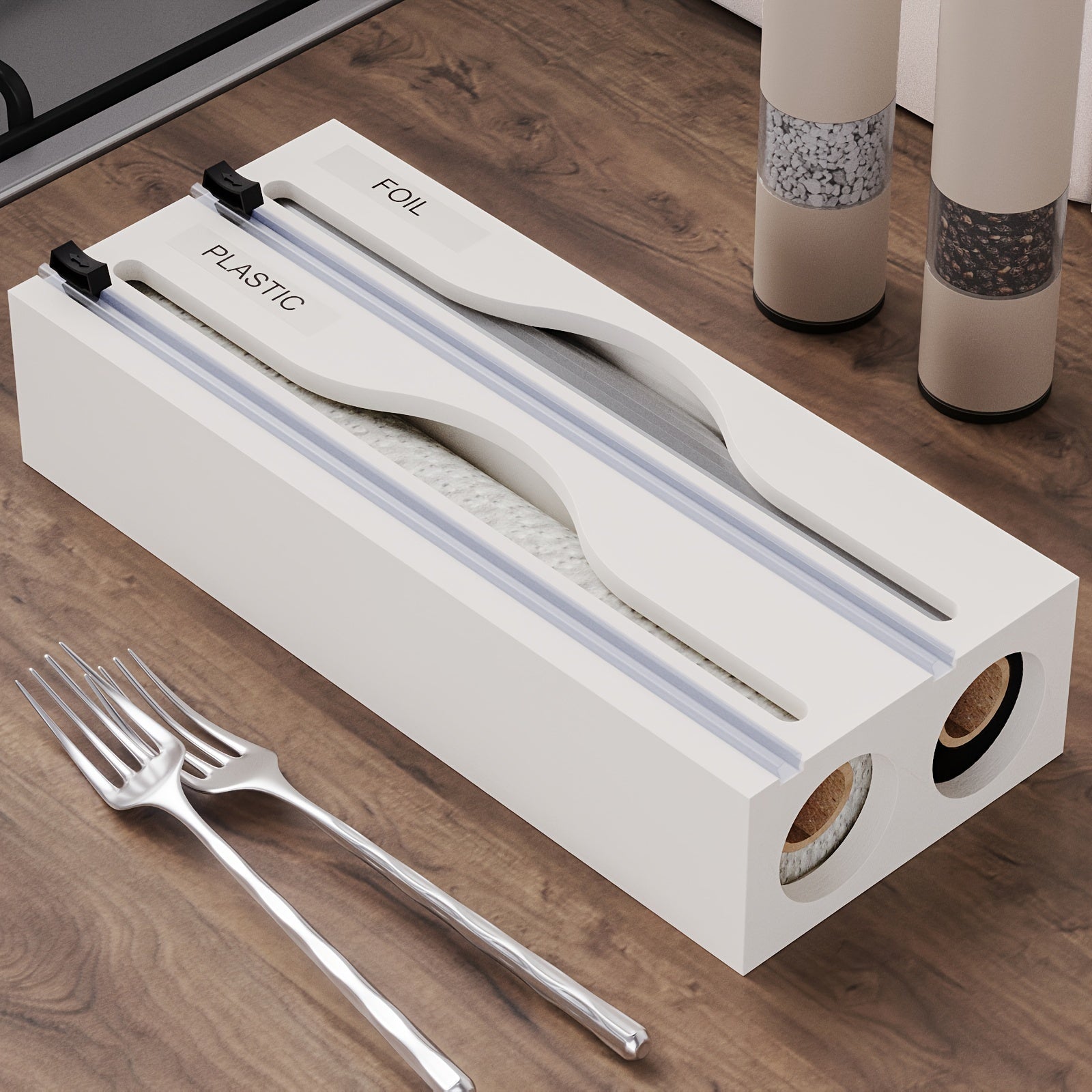 Bamboo Wrap Dispenser with Cutter for Kitchen Drawer Wall Organizer Plastic and Aluminum Foil Storage