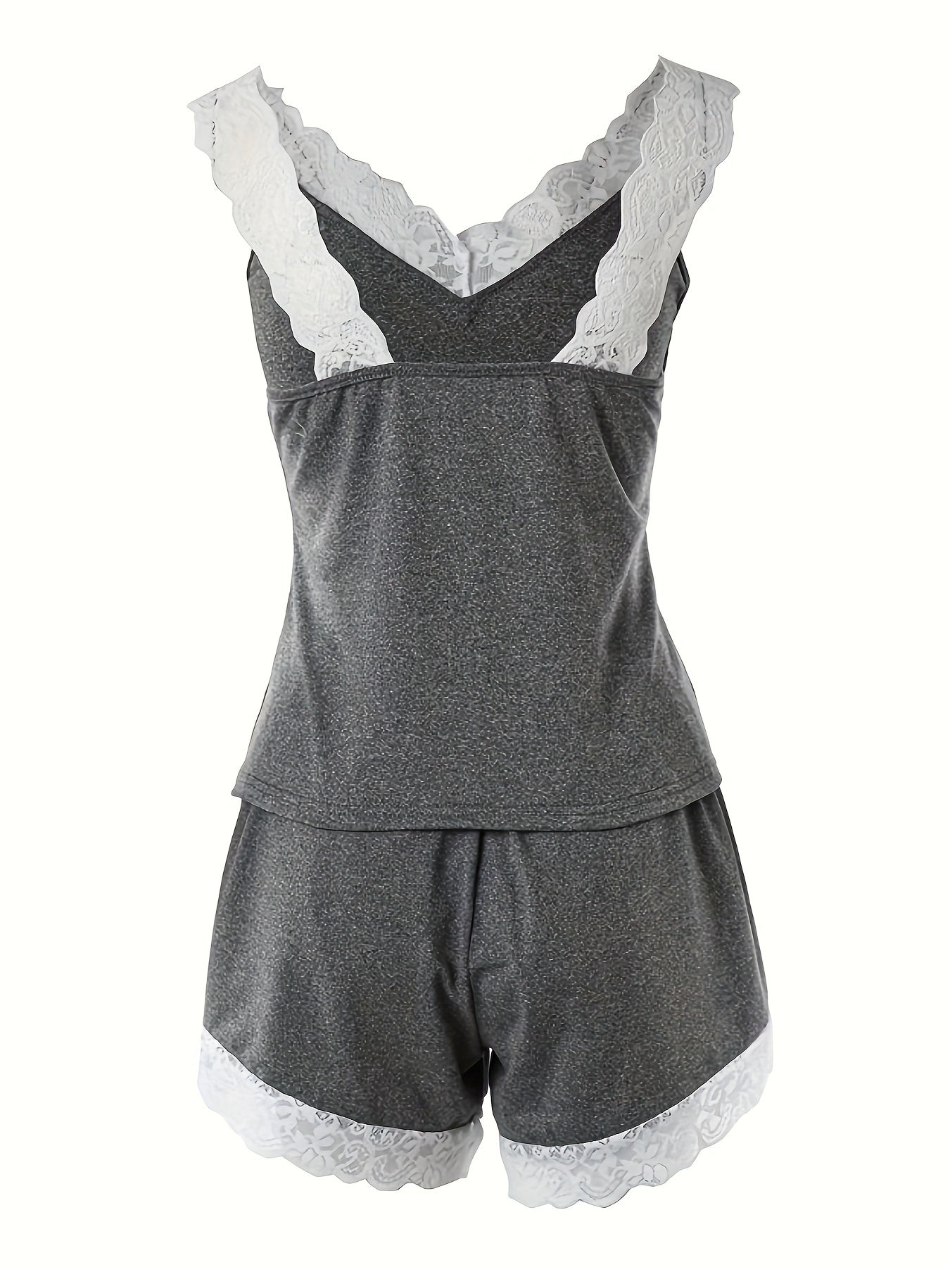 Gray Lace-Trimmed Pajama Set for Women V-Neck Crop Top Shorts Polyester Blend Spring Summer