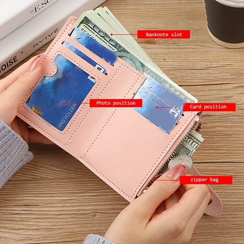 Ayollar uchun ko'p fermuarlar, tugmalar va karta joylari bilan zamonaviy, buklanadigan qisqa hamyon, tangalar, o'zgarishlar, kredit kartalari va shaxsiy kartalar uchun ideal.