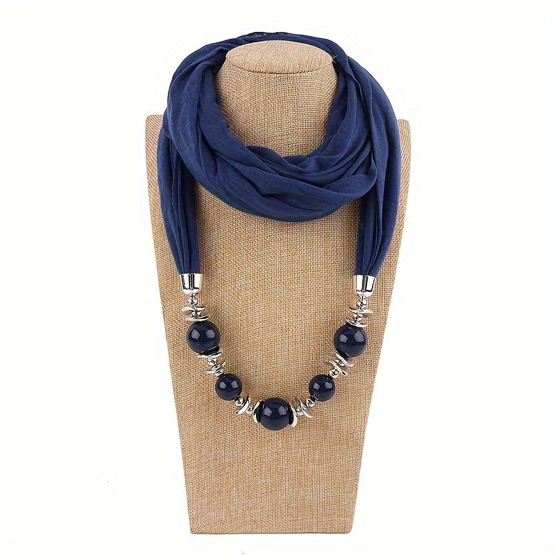 Women's Solid Color Infinity Scarf with Beaded Jewelry Necklace and Head Wrap
