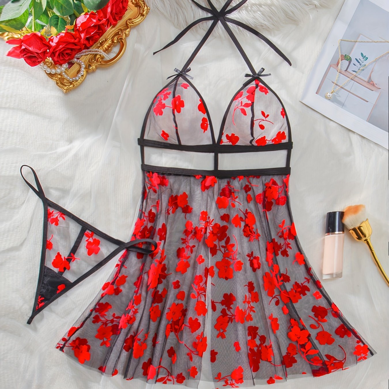 Women's Red Floral Sheer Mesh Lingerie Set with Halter Top and Thong