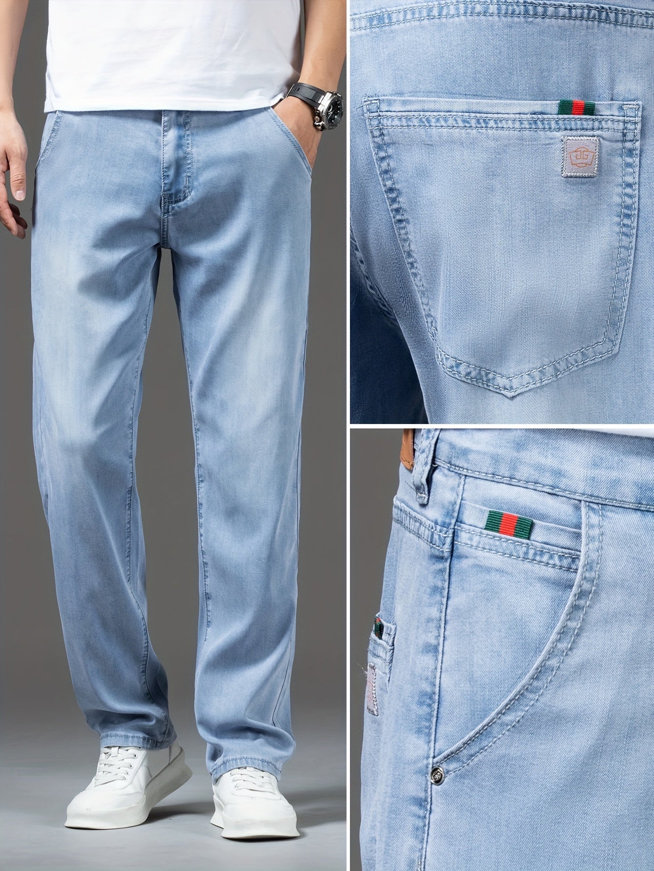 Yengil ko'k to'g'ri kesim denim jinsi shimlar, yozgi qulay tasodifiy kiyim uchun mukammal bo'lgan sovutuvchi muz ipak matodan tayyorlangan. Ushbu nafas oladigan shimlar lyocell aralashmasi va klassik xususiyatlarga ega.