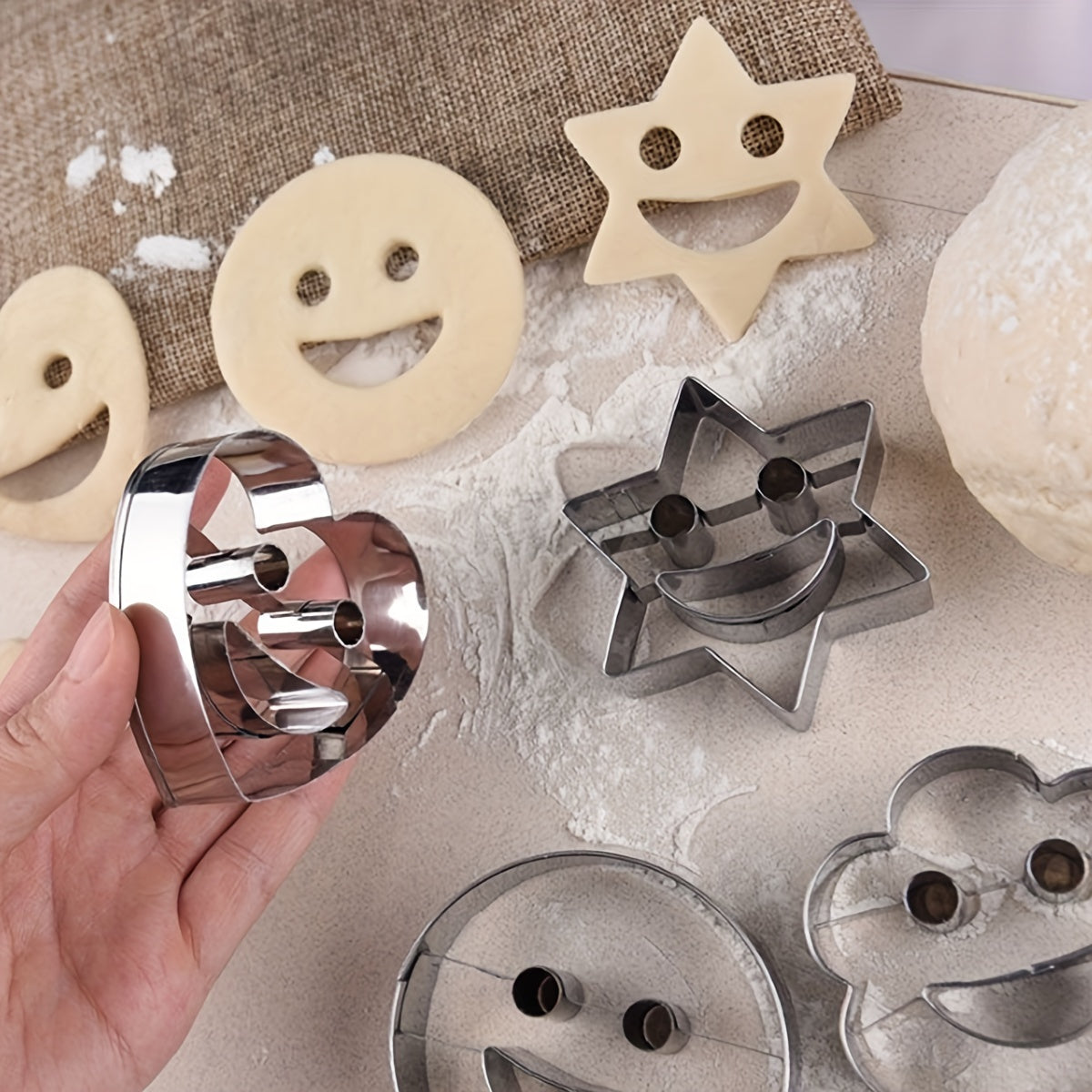 Set of 4 Stainless Steel Cookie Cutters Happy Face and Holiday Shapes for Baking