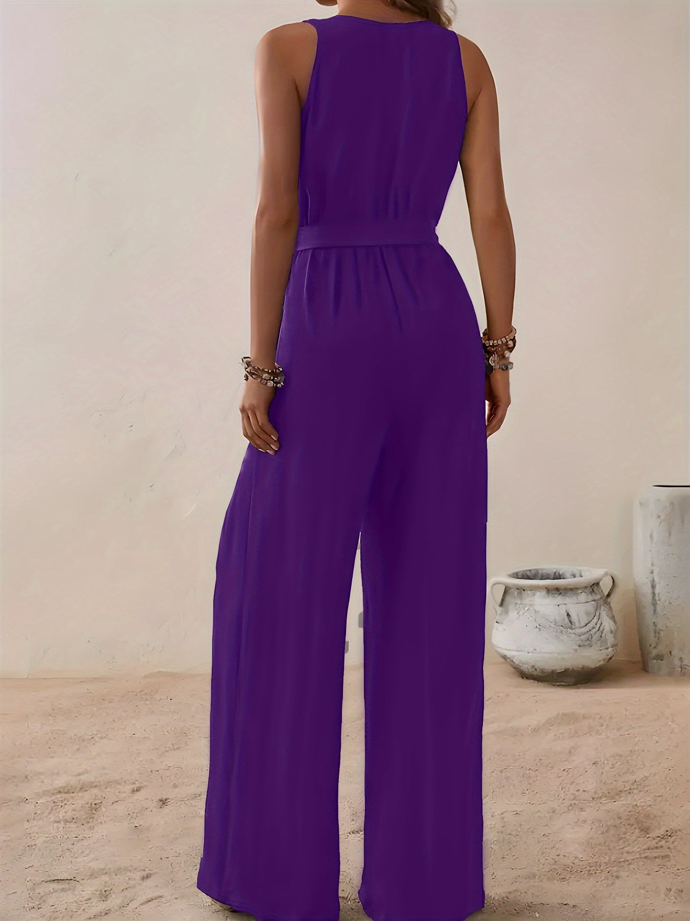 Women Plus Size Red V-Neck Jumpsuit with Tie Waist Sleeveless Wide-Leg