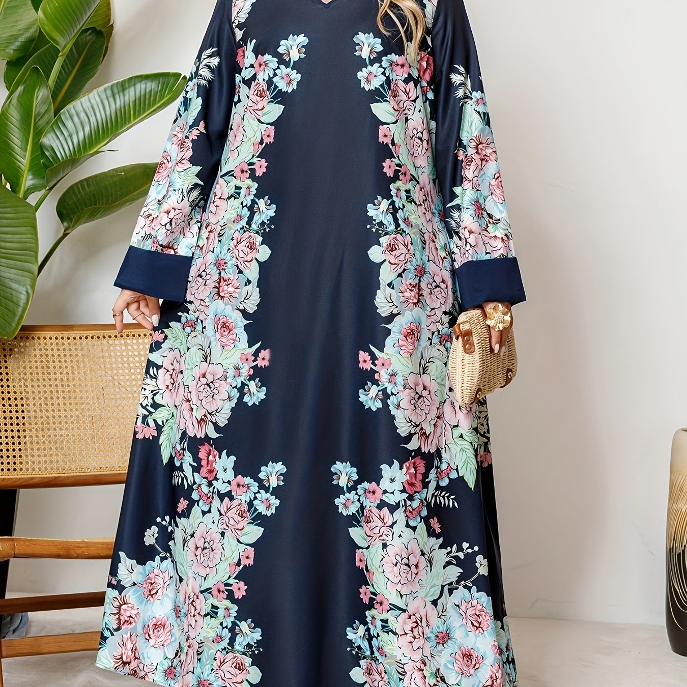 Plus Size Women's V-Neck Dress with Ethnic Print and Elegant Style