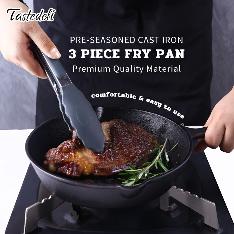 3-Piece Cast Iron Skillet Set Pre-Seasoned Dishwasher Safe for Frying and Cooking
