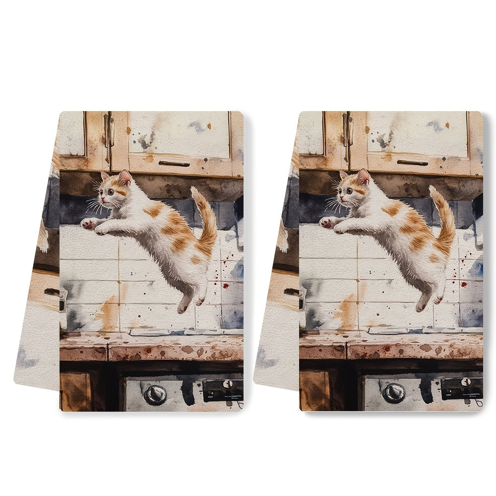Set of 2 Soft Kitchen Towels with Playful Kitten Design, Absorbent, Machine Washable
