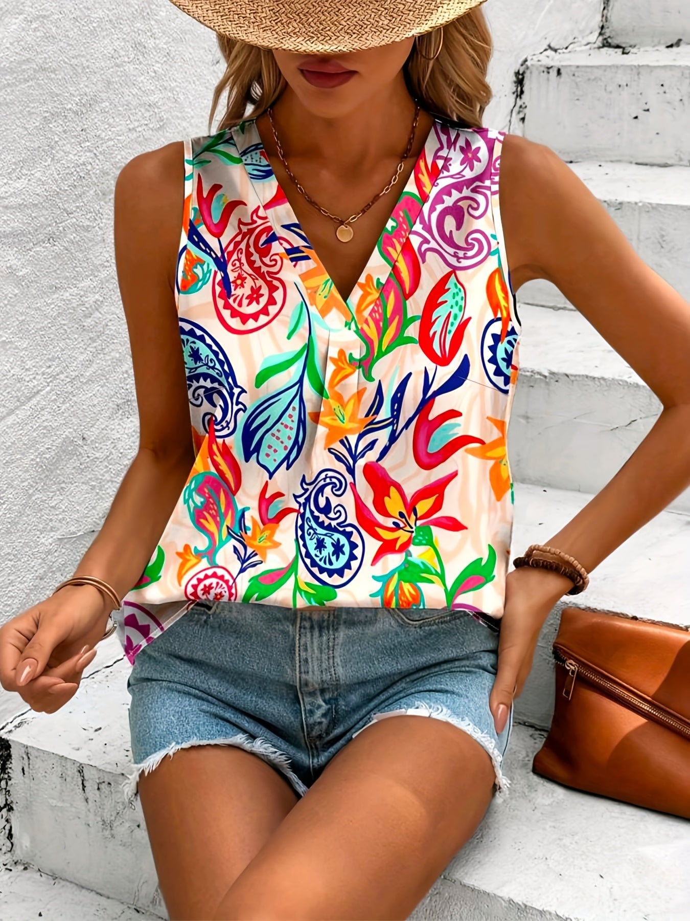 Plus Size Women's Floral Print Sleeveless Tank Top V-Neck Summer Outfits