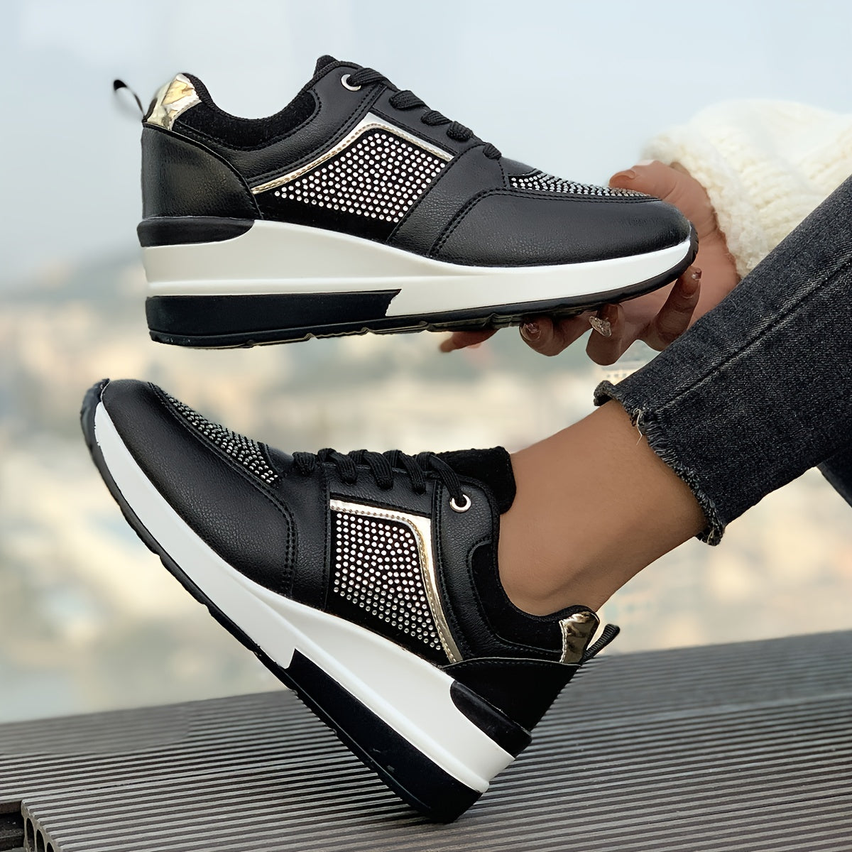 Women's Rhinestone Decor Athletic Shoes, Lace-Up Low Top Running Sneakers, Plus Size