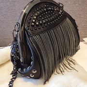 Women's PU Kiss Lock Handbag with Rivets Tassel Decor and Shoulder Chain