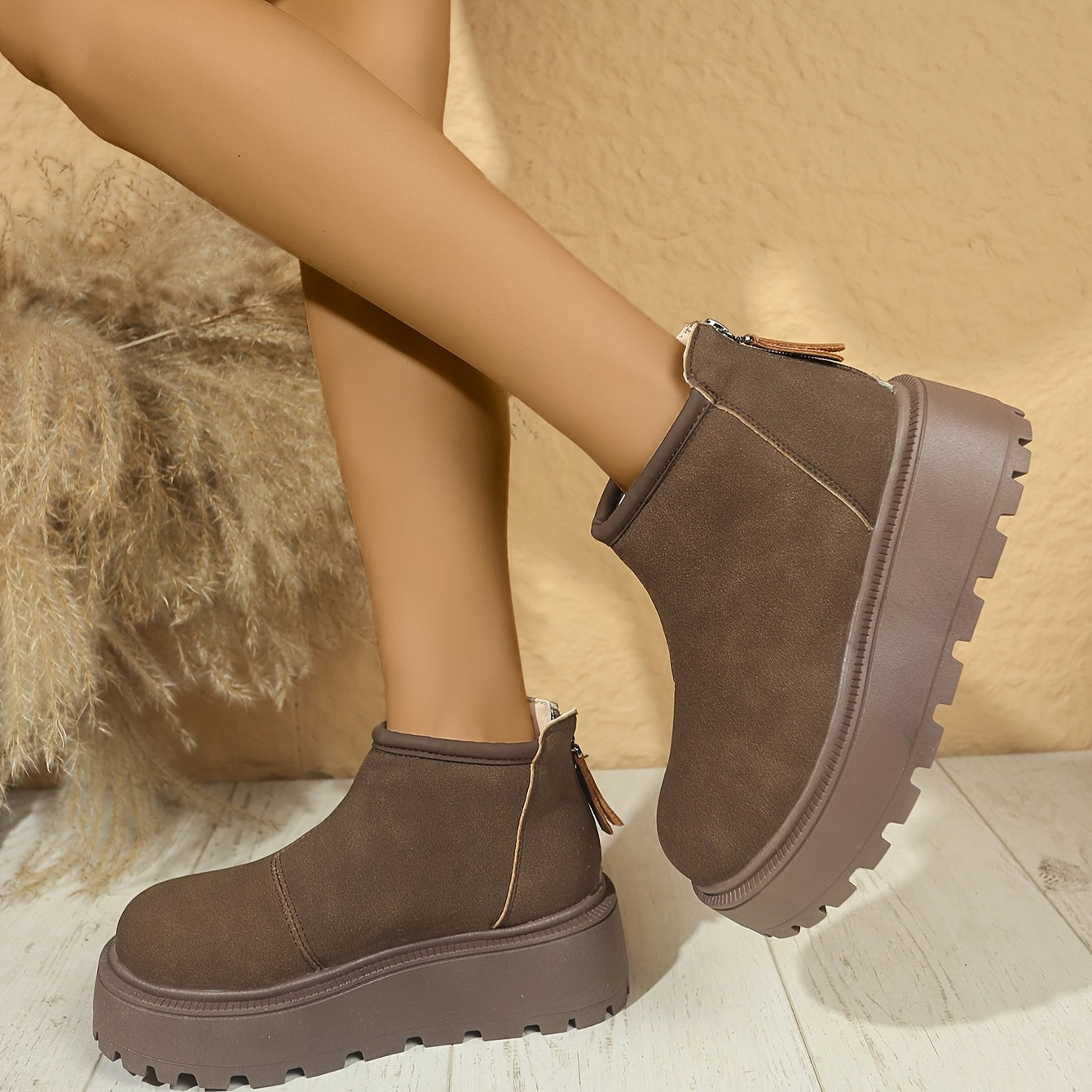 Women's Fleece-Lined Winter Boots Casual Round Toe Side Zipper Beige Black Brown