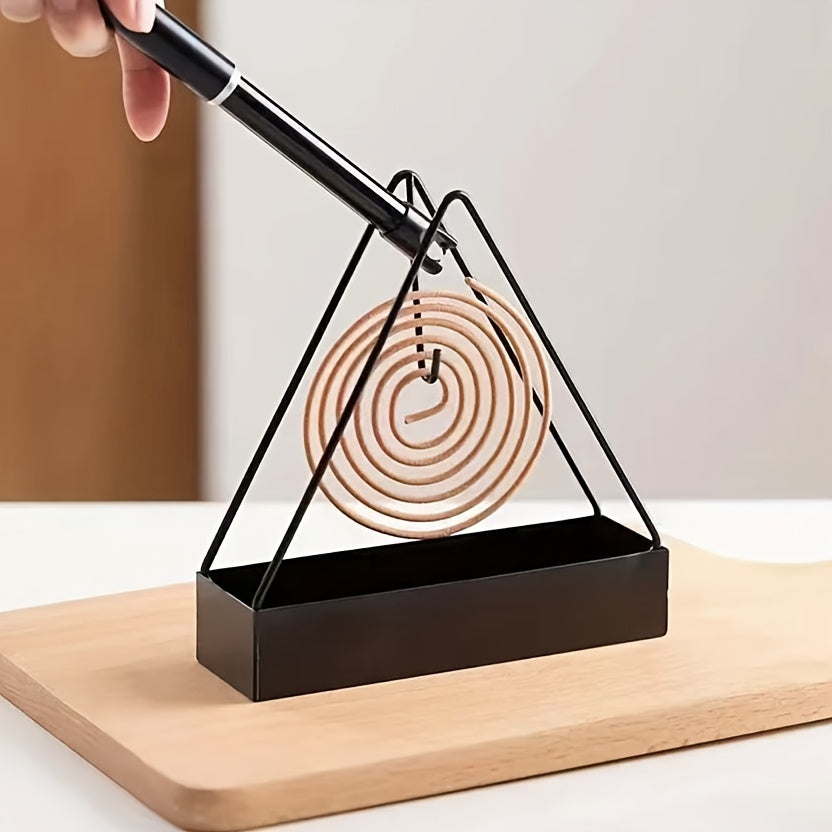 Black Metal Mosquito Coil Holder with Triangular Design and Wooden Spiral Insert