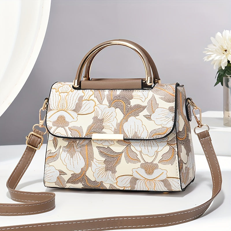 Large Capacity Floral Embroidered Crossbody Bag with Zipper Closure and Polyester Lining