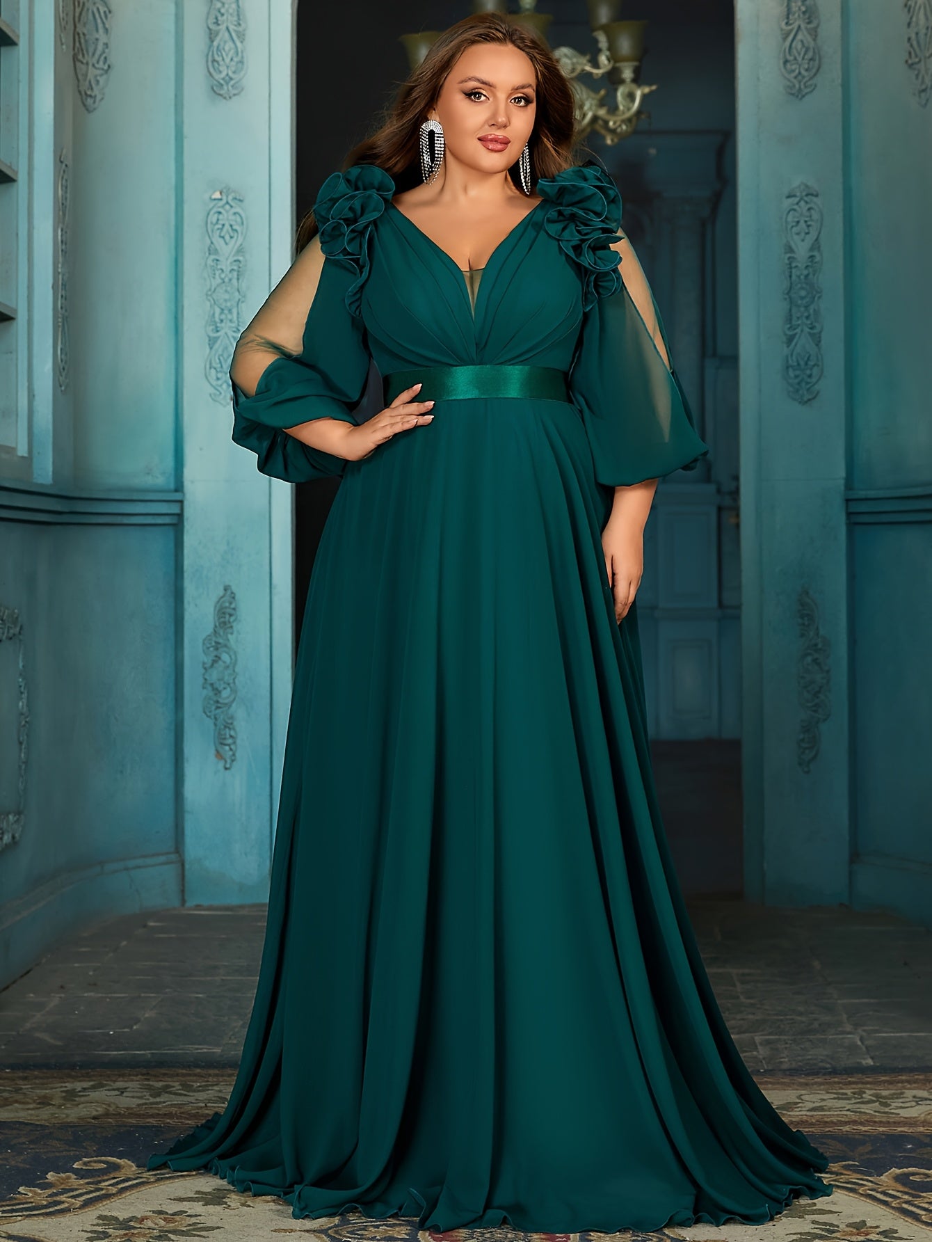 Maroon Maxi Dress for Plus Size V-Neck Lantern Sleeves Pleated Long Casual Semi-Formal