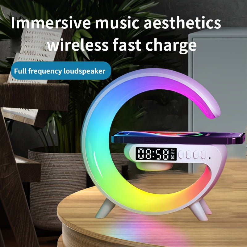 Wireless Charger Stand with RGB Lights Alarm Clock and Speaker for Bedroom and Living Room Decor