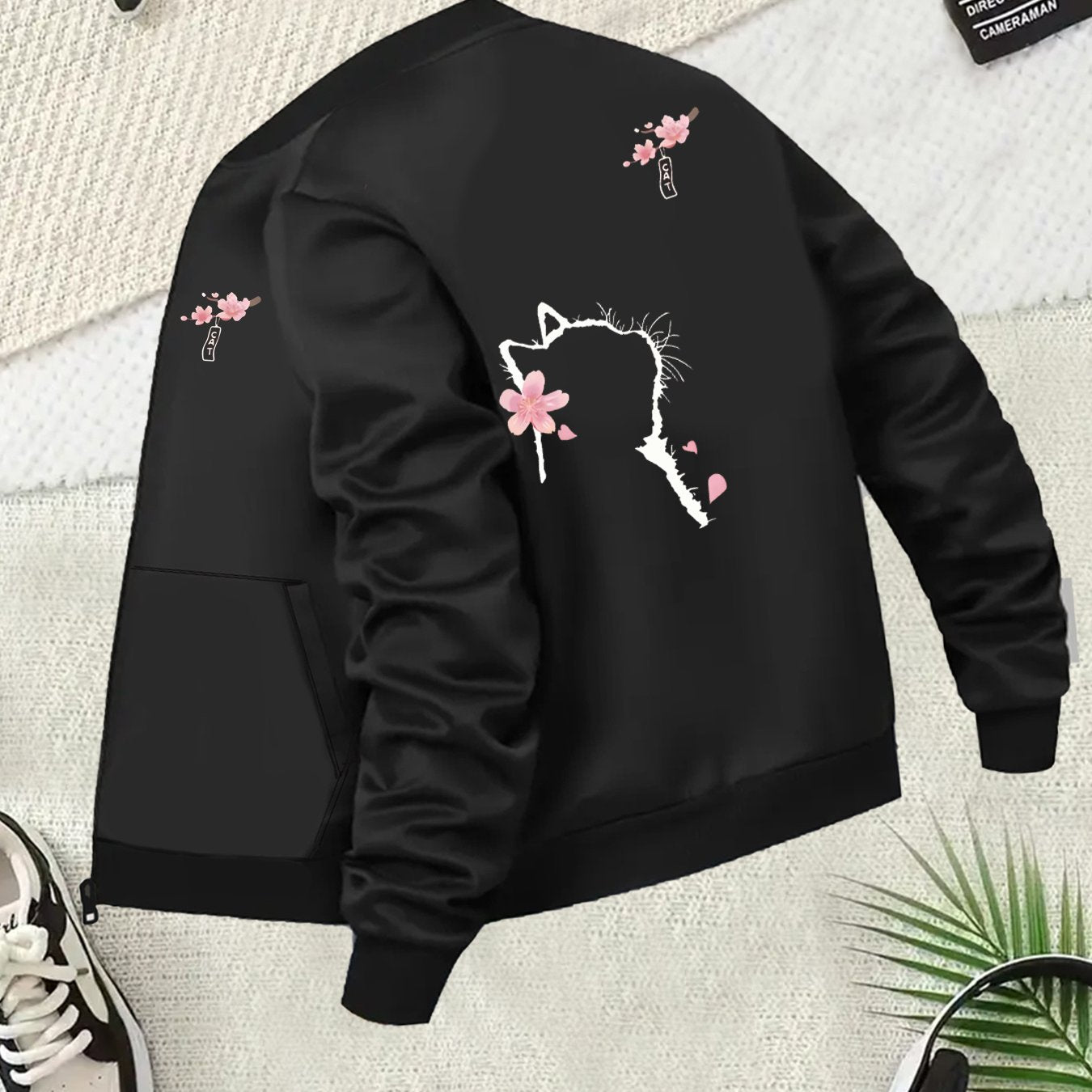 Women's Plus Size Casual Polyester Bomber Jacket with Pockets and Cherry Design