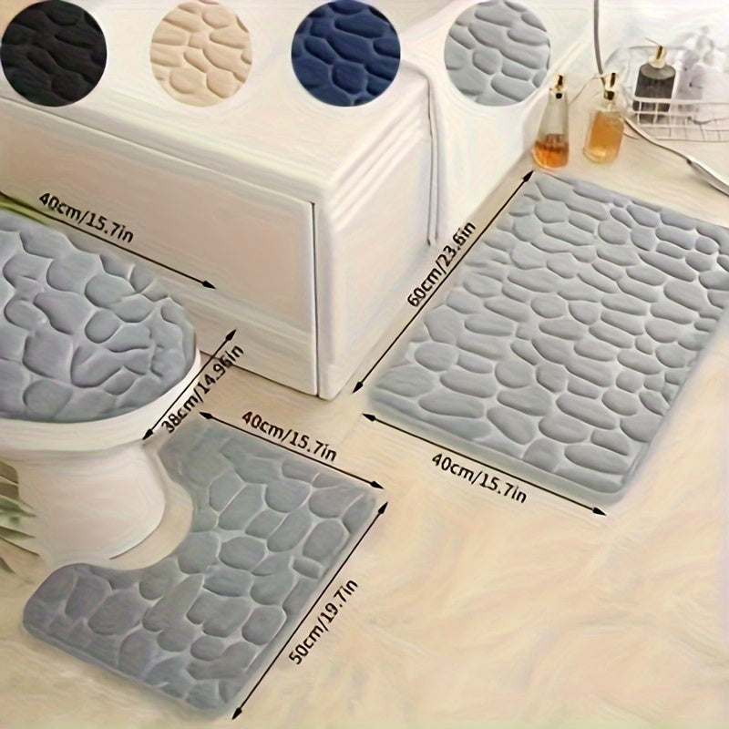 Juego de 3 alfombrillas de baño de felpa coral antideslizantes con espuma viscoelástica y patrón geométrico, aptas para lavadora, decoración de baño