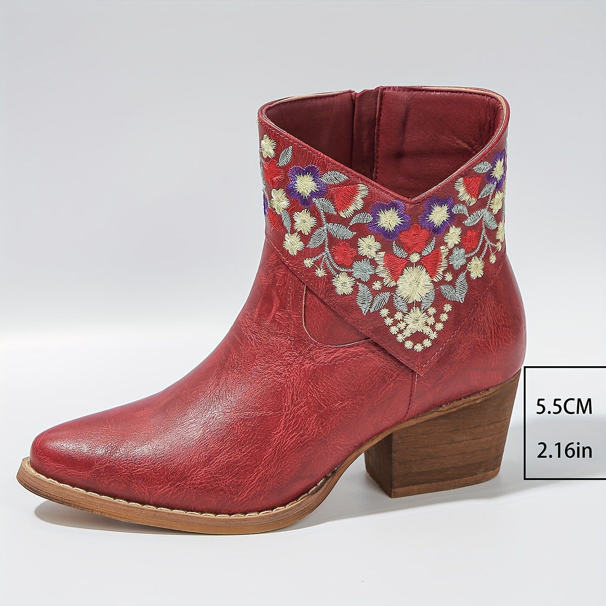 Women's Flower Pattern Chunky Heel Short Boots Leather Point Toe Ankle Zipper