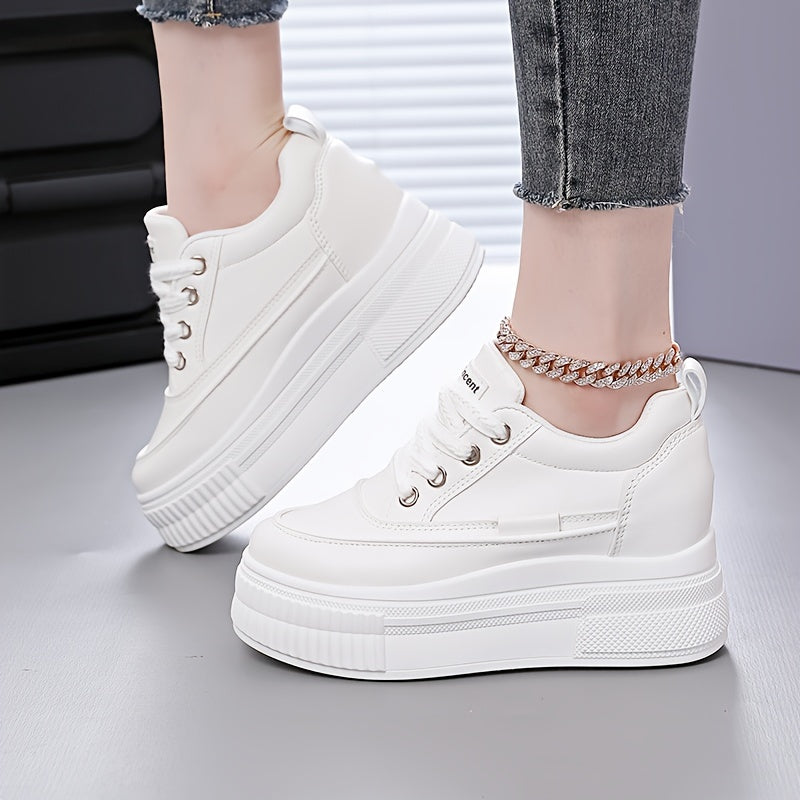 Women's White Platform Skate Shoes, Lace-Up Low Tops, Casual Sneakers