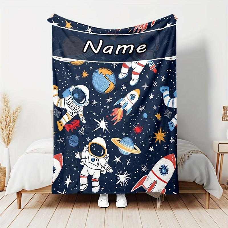 Personalized Space-Themed Astronaut Rocket Blanket Flannel Velvet Cozy Throw for Autumn Winter