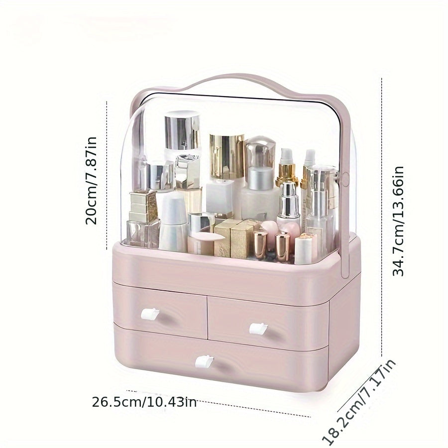 Cosmetic Storage Organizer with Drawer Transparent Lid and Handle for Skincare Makeup Accessories