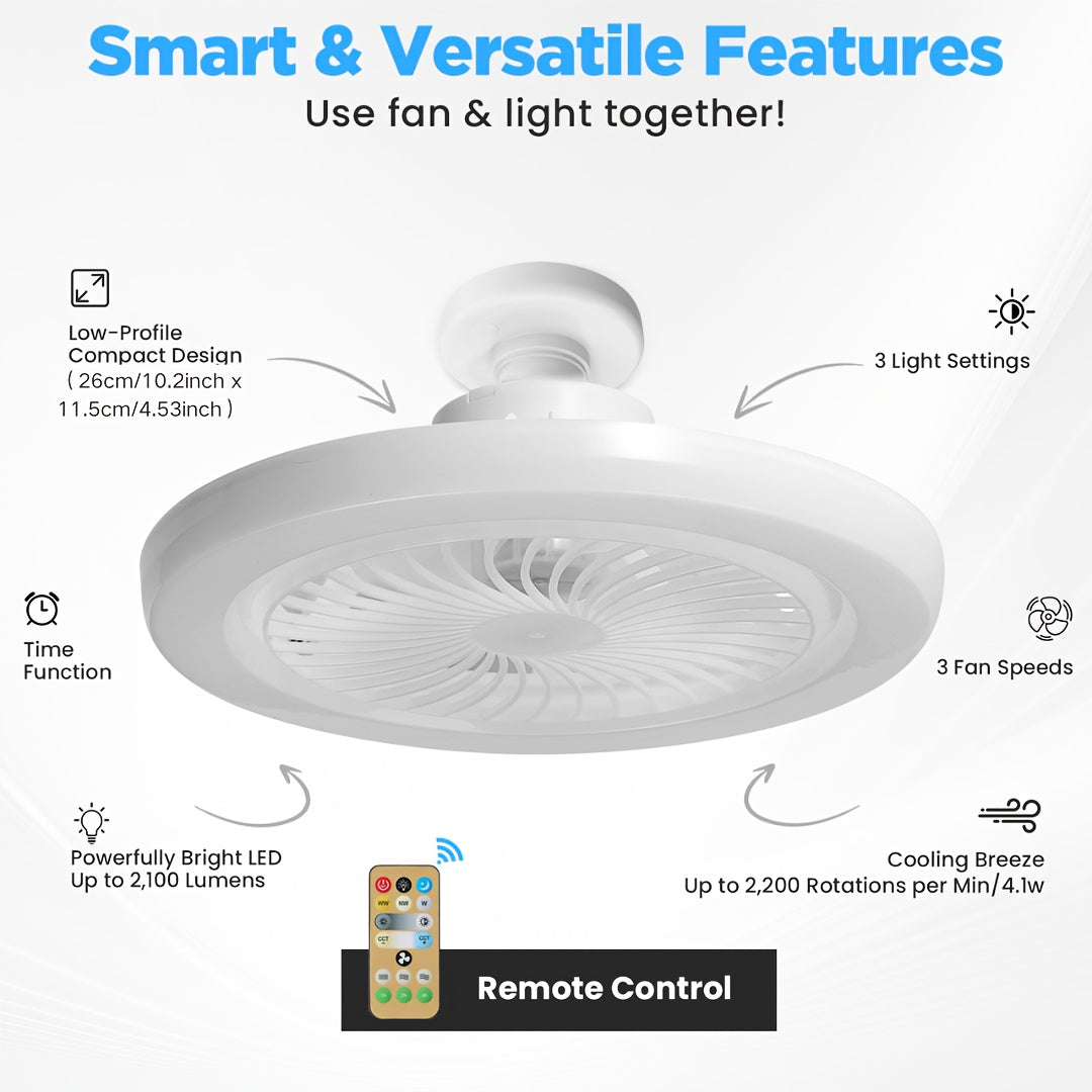 White LED Ceiling Fan Light with Remote Control Dimmable 3-Speed Timer for Indoor Use