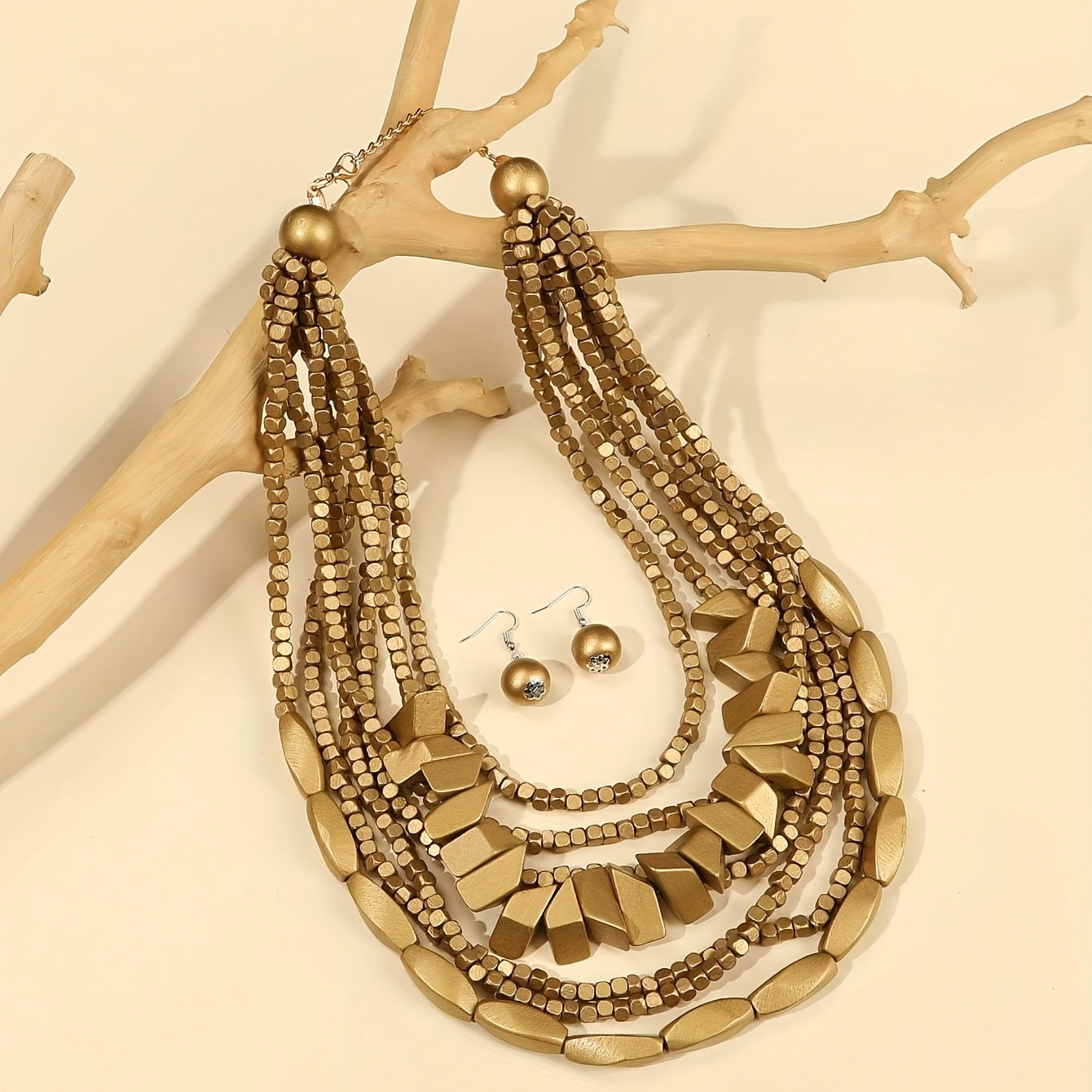 Bohemian Wooden Jewelry Set with Necklace Earrings and Chain in Multiple Colors