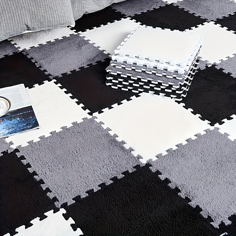 Set of 12 Water-Resistant Plush Interlocking Area Rug Tiles 29.97cm Solid Color