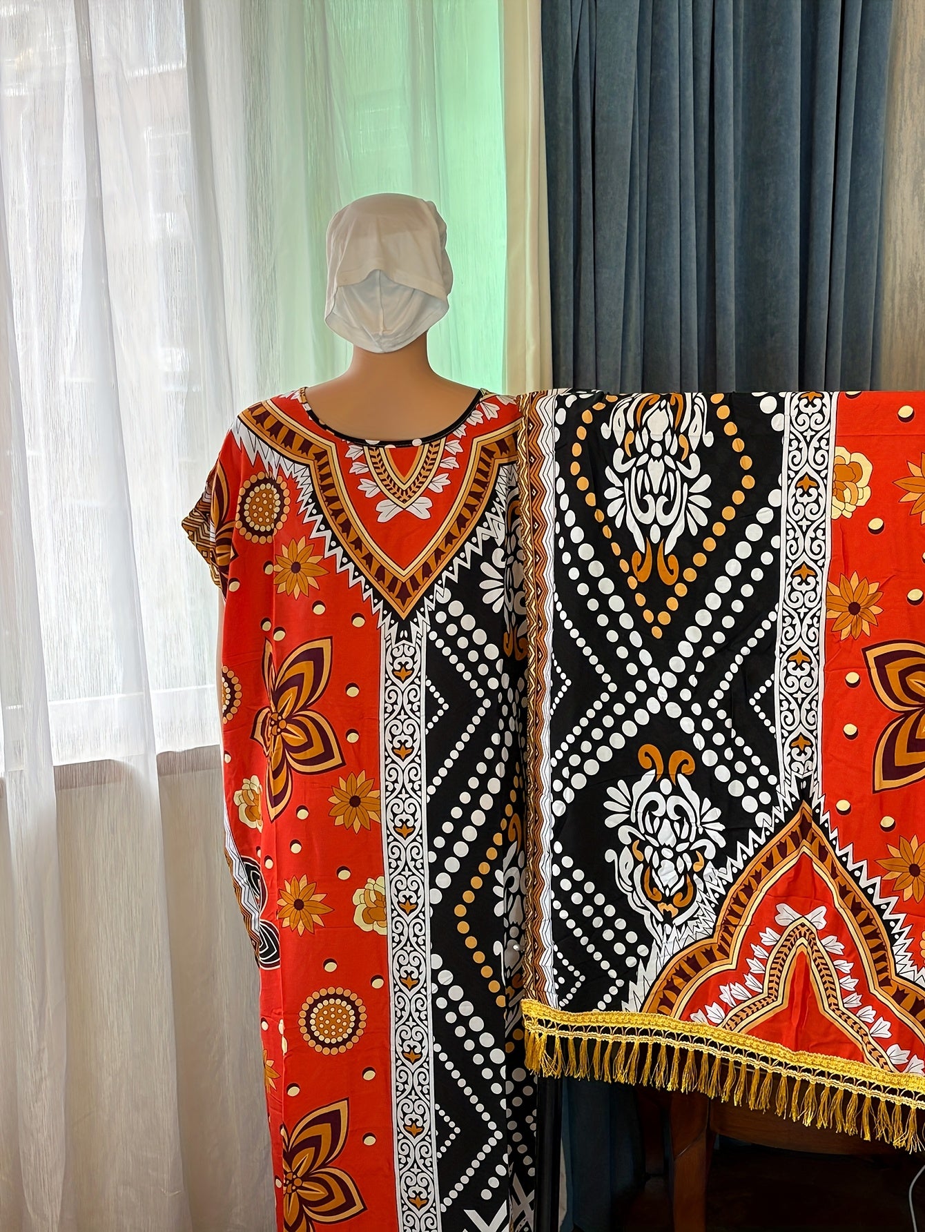 Plus Size Womens Red Black Geometric Kaftan Summer Dress Casual Tassel