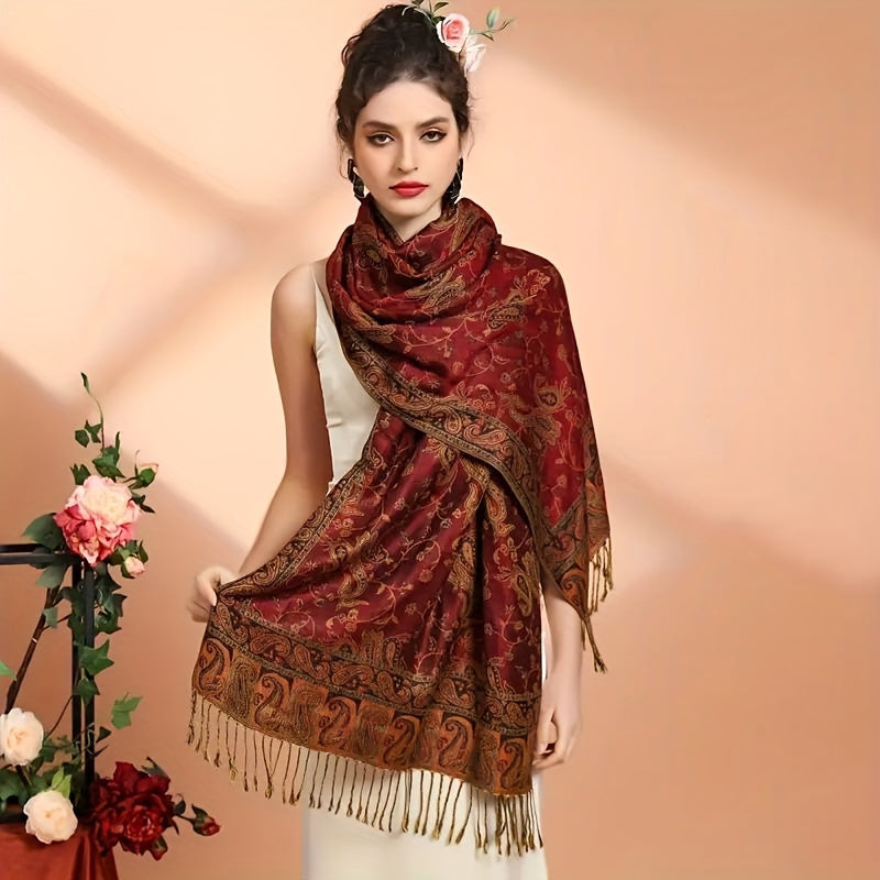 Vintage Soft Cozy Scarf Women Boho Paisley Jacquard Tassel Blanket Wrap