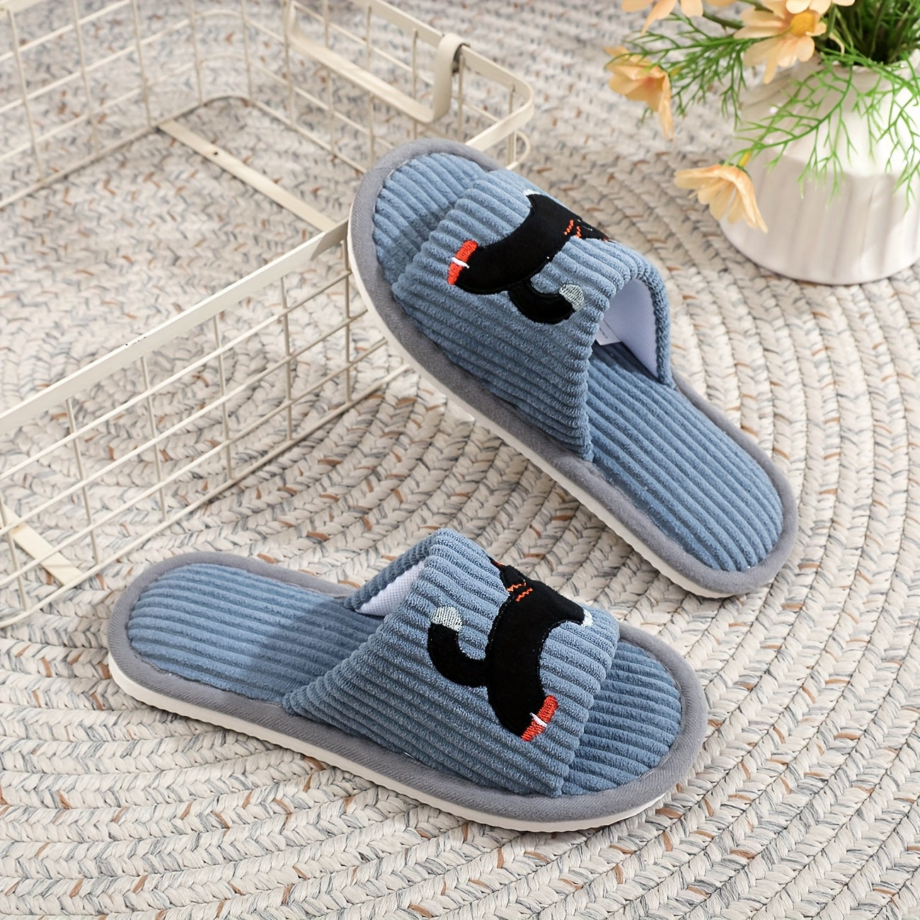 Women's Slip-On Cat Ear Slippers Soft Fabric Indoor Shoes All-Season
