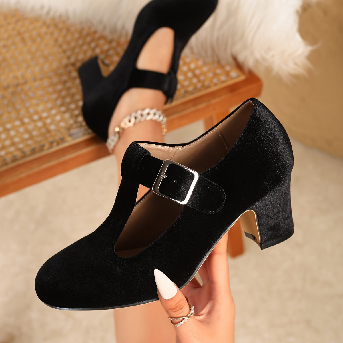 Women's Velvet Mary Jane Pumps with Ankle Strap and Round Toe