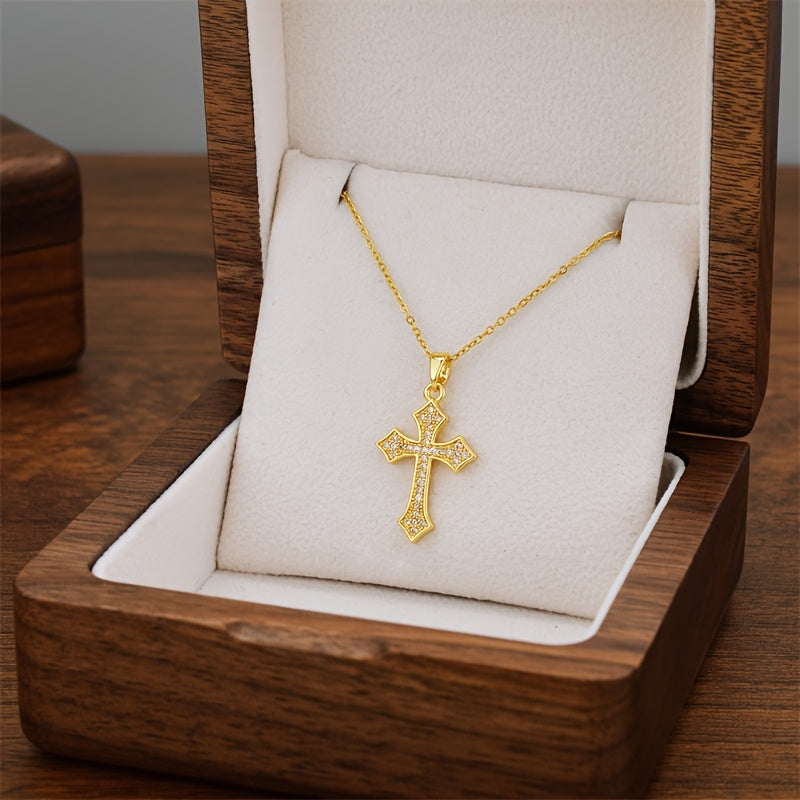 Unisex 18K Gold Plated Titanium Steel Cross Pendant Necklace Rhinestones Adjustable Clavicle Chain