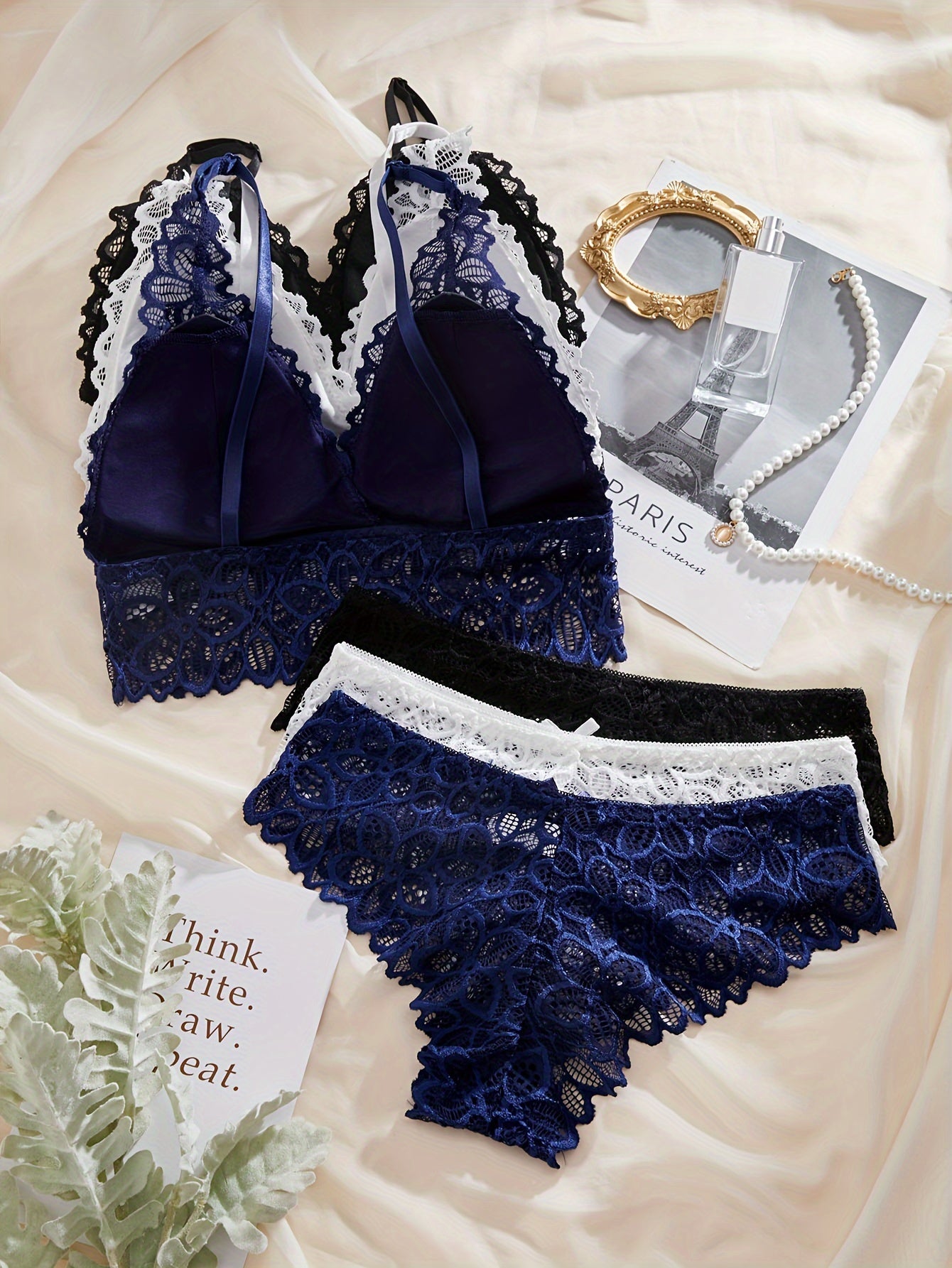 3-qismli romantik gullar bilan bezatilgan dantel ichki kiyim to'plami ayollar uchun