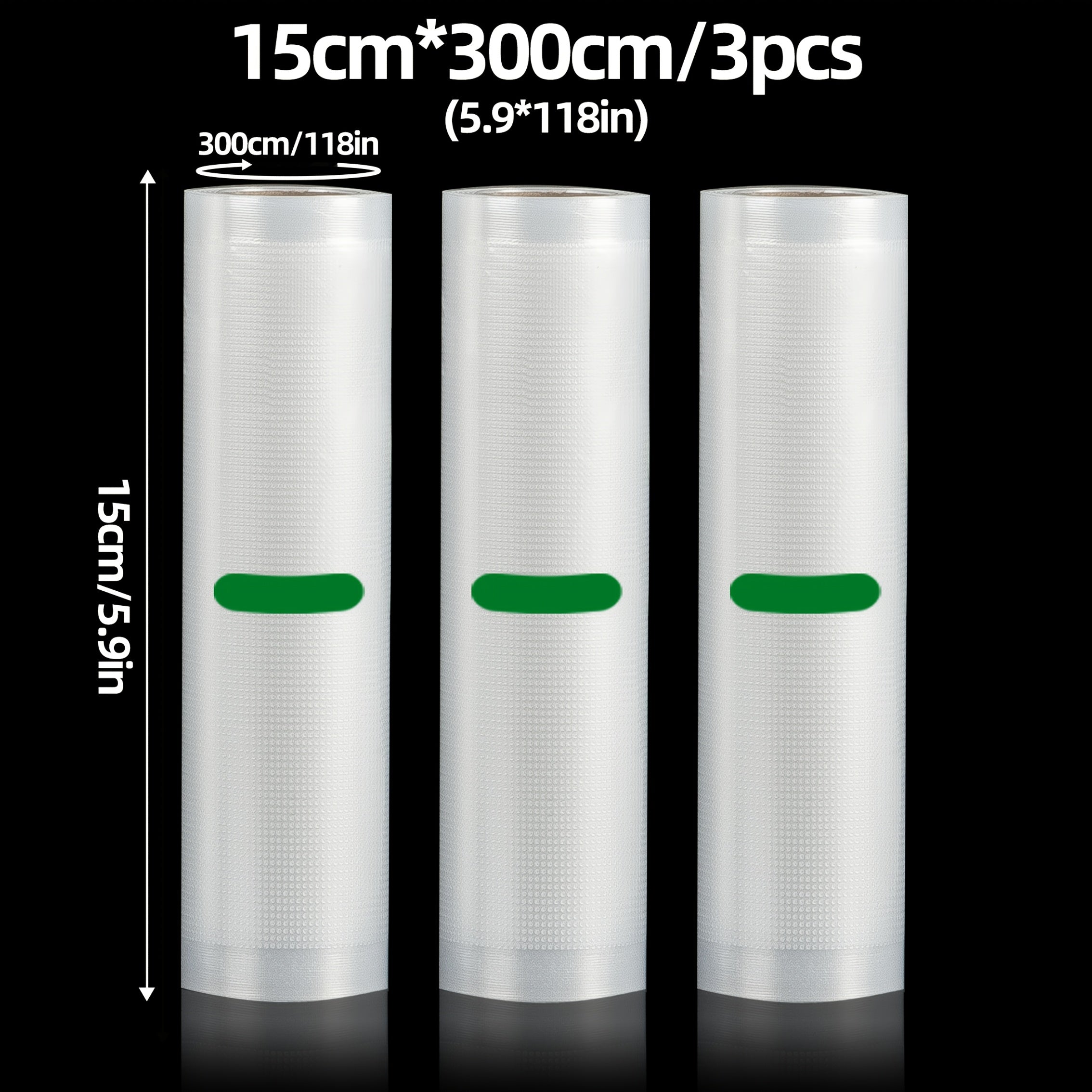 PE+PA materialidan tayyorlangan 3 ta Premium vakuum yopishqoq paketlar, o'lchami 28cm x 300cm (11in x 118in), kesishni osonlashtiradigan mustahkam teksturali dizaynga ega. Ovqat saqlash, sous vide va taom tayyorlash uchun ideal.