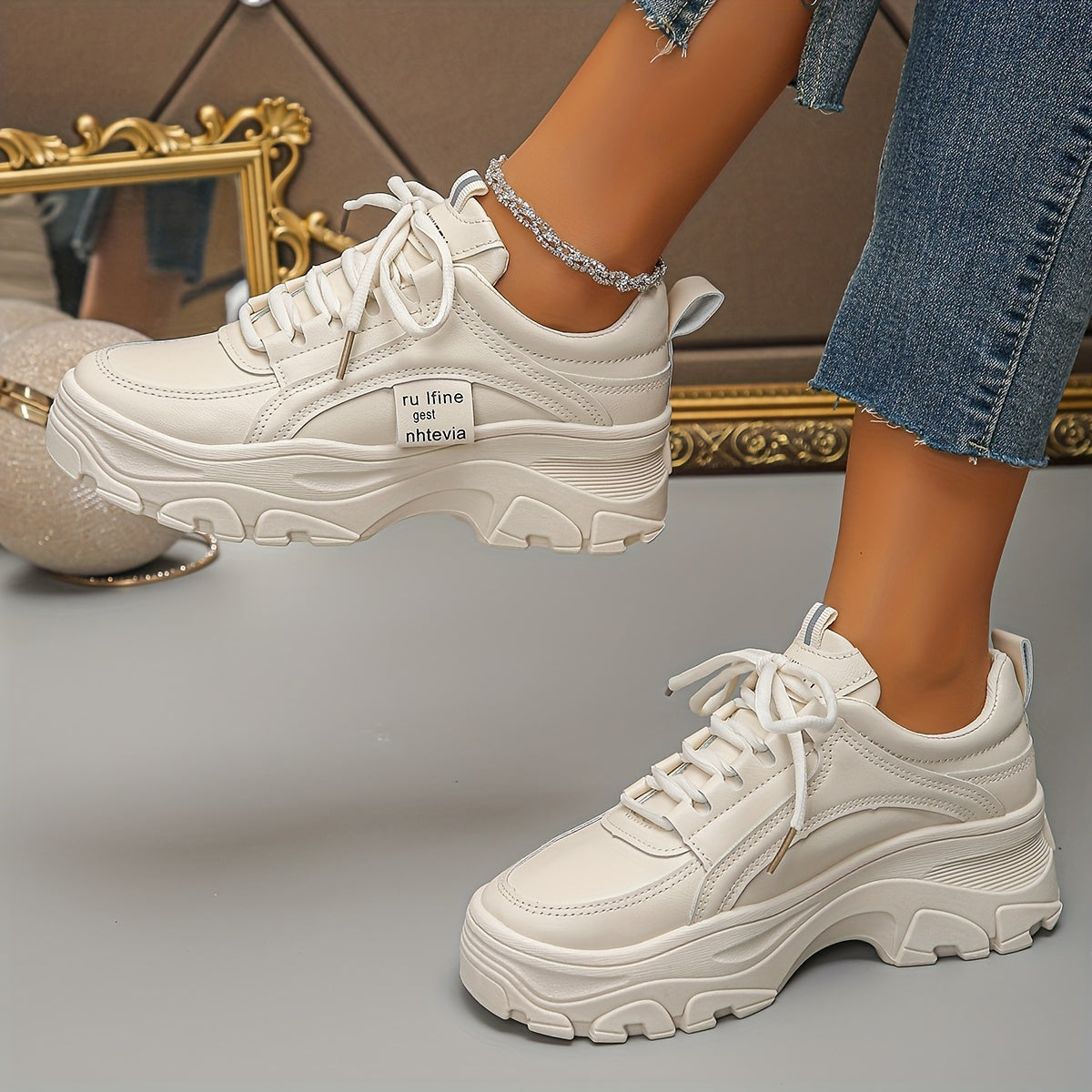 Women's White Casual Sneakers With Thick Sole and Rubber Outsole