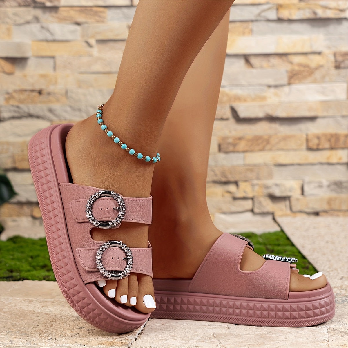 Women's Beige Black Pink Platform Sandals Slip-On Open-Toe Summer Beach