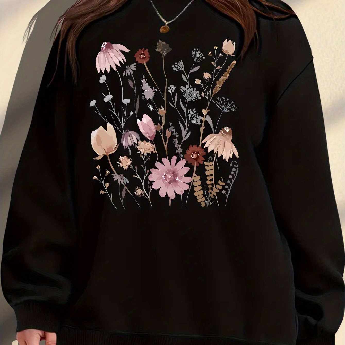Women's Plus Size Floral Print Sweatshirt Cozy Maroon Pullover Autumn Wear