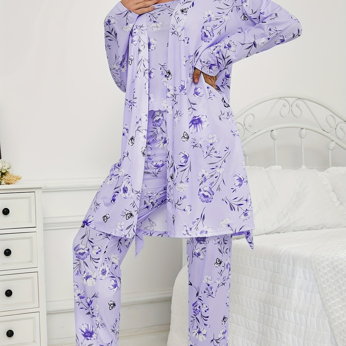 Women's Floral Butterfly Print 3-Piece Pajama Set Long Pants Long Sleeve Belted Robe All-Season Loungewear
