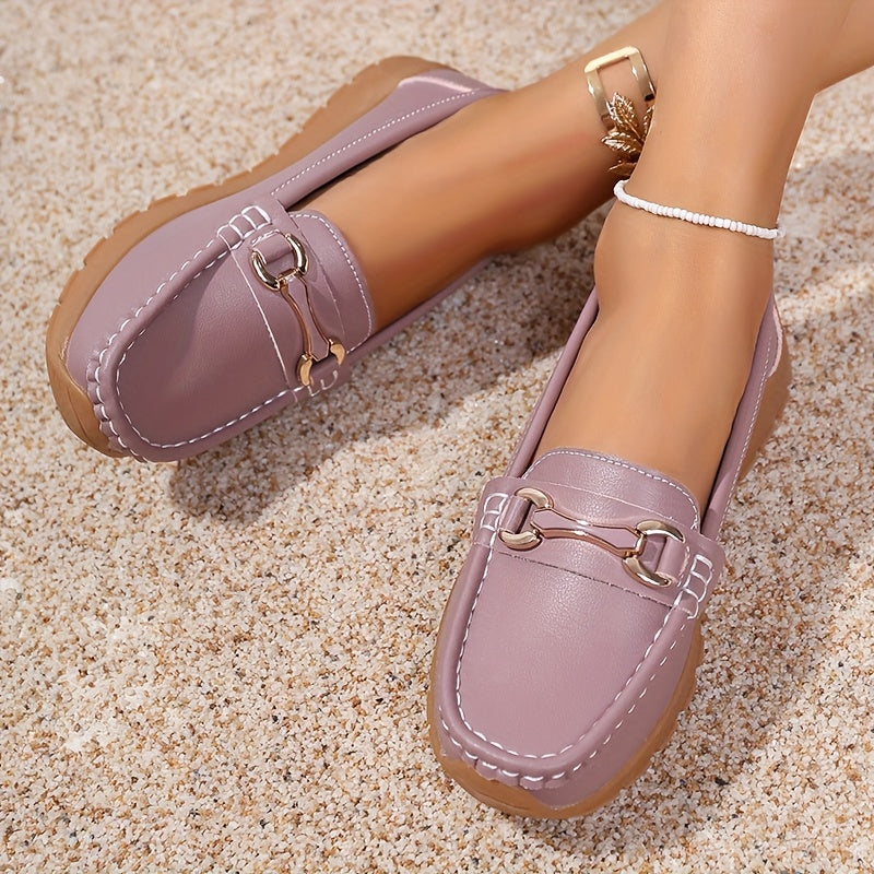 Women's Slip-On Loafers PU Cover Upper TPR Sole Metallic Buckle All-Season Flats