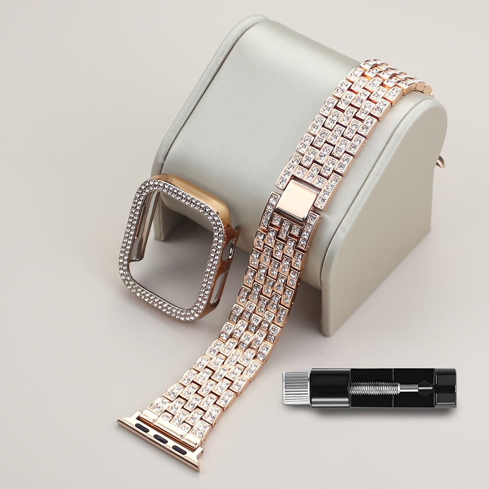 2-в-1 ремешок для часов с полым корпусом, совместимый с ремешками Apple Watch 38mm-46mm + корпус. Женские украшения, сверкающий заменяемый металлический ремешок с алмазными стразами и 2 шт. защитного покрытия из ПК. Нет