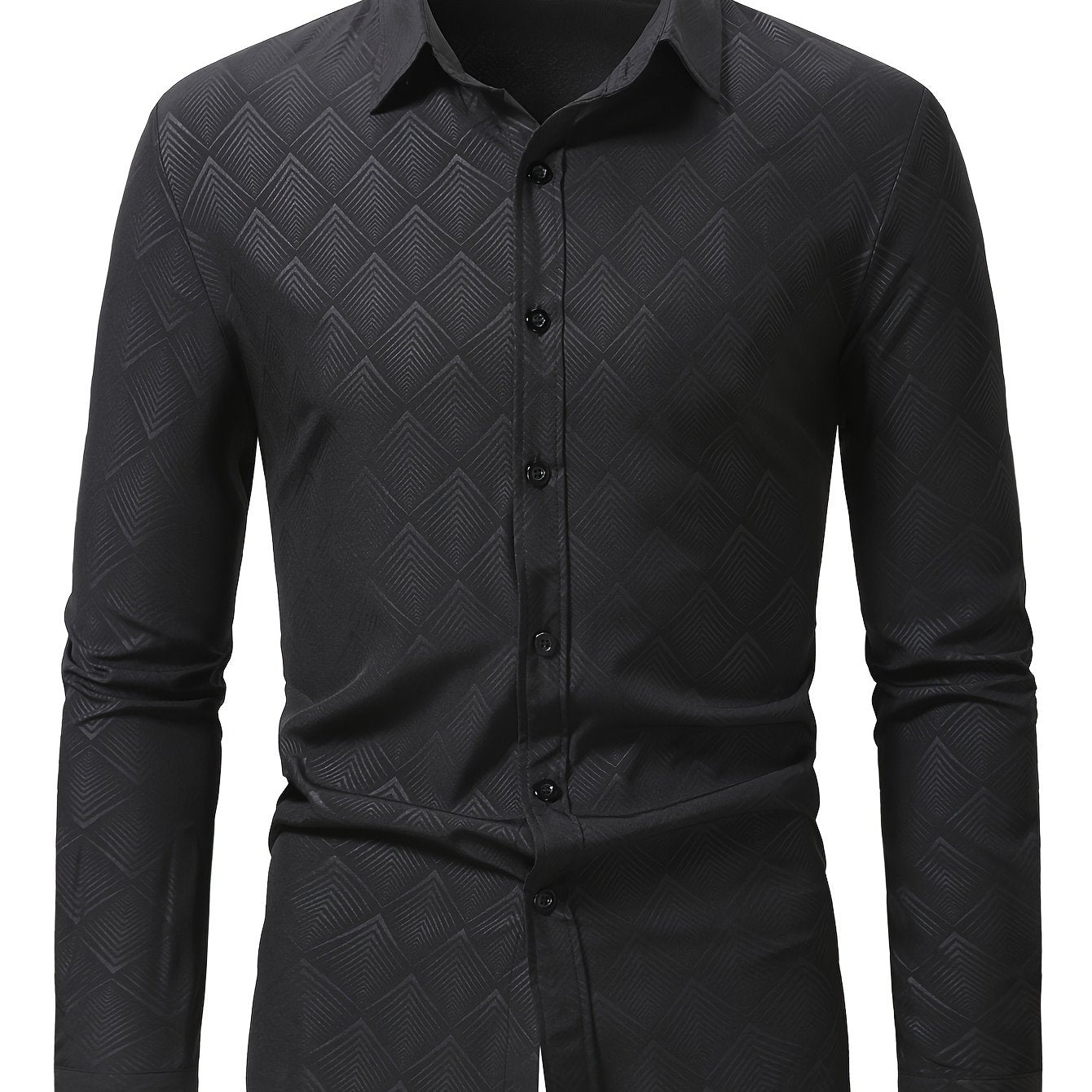 Ijodiy herringbone naqshli bosma ko'ylak, plussiz erkaklar uchun tor kesim. Biznes/rasmiy tadbirlar uchun mos.