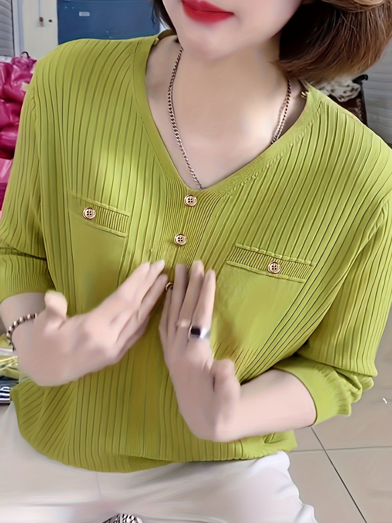 Knitted Top Women Short Sleeve V-Neck Loose Fit Solid Color Casual